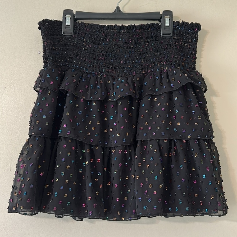 KOCH Black Rainbow Confetti Mini Skirt Metallic Swiss Dot Crepe Elastic Waist M - Picture 2 of 10